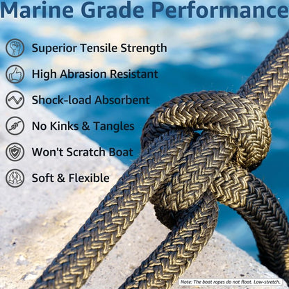 PACTHSD 2 Pack 3/4" x 25' Dock Lines - Marine Grade Nylon Boat Rope with 15" Loop for Docking and Mooring - Double Braided Boat Lines, High Strength, Easy Handling, Fray Resistant - Black