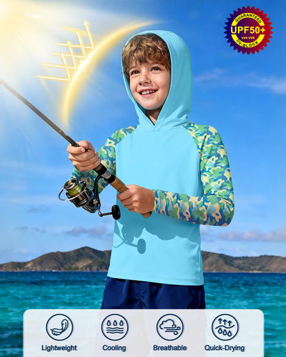 DRONIRING Boys Rash Guard Swim Hoodie, UPF 50+ UV Sun Protection Long Sleeve Fishing Shirt, Kids Youth SPF Water Shirts Crystal Blue