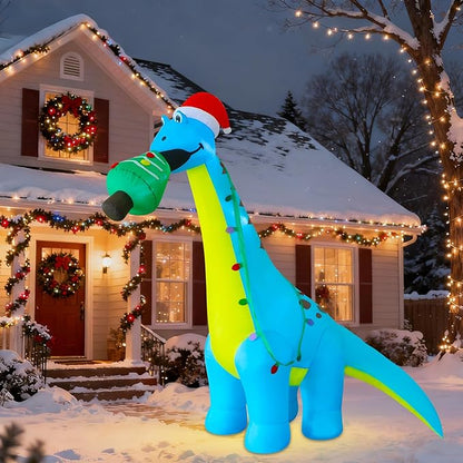 DR.DUDU 12 FT Christmas Inflatable Outdoor Decorations, Large Blow Up Dinosaur Inflatables with Santa Hat Christmas Tree Light up Giant Xmas Holiday Decor for Yard Lawn Garden Outside