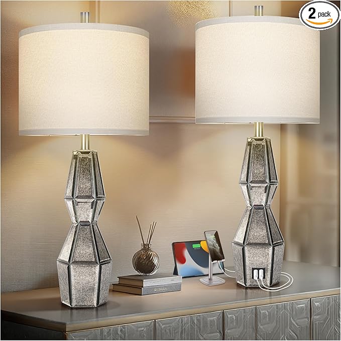 28" Vintage Table Lamps for Bedroom,Antique Bedside Lamp for Living Room with USB A+C Ports,Glass Table Lamps with Linen Shade,3-Way Dimmable Bulb,Nightstand Lamp for Home Hotel Decor(Bulb Included)