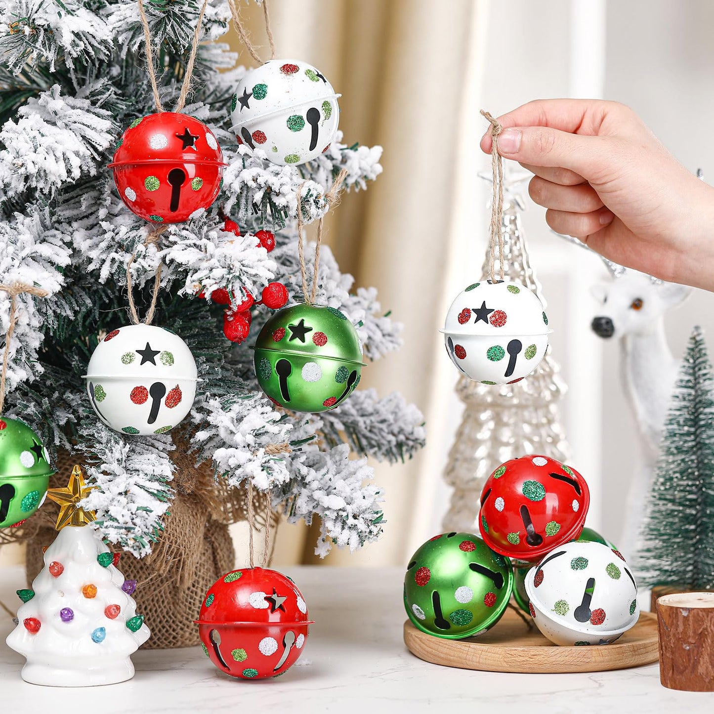 12 Pcs Large Christmas Jingle Bells with Ribbon 2.4 Inch Metal Cutout Craft Bells Lime Green Glitter Dot Red Green Christmas Tree Ornaments Xmas Hanging Decor for Holiday Wreath Garland DIY Decor