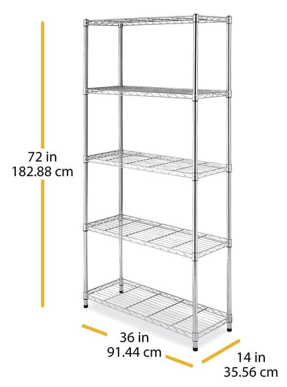 Whitmor 5 Tier Shelving Unit, Metal Storage Shelves, 400 lbs Capacity per Shelf, 2000 lbs Total, Adjustable Heavy Duty Shelf, Easy Assembly for Kitchen, Garage, Plant, 36"L x 14"W x 72"H, Chrome