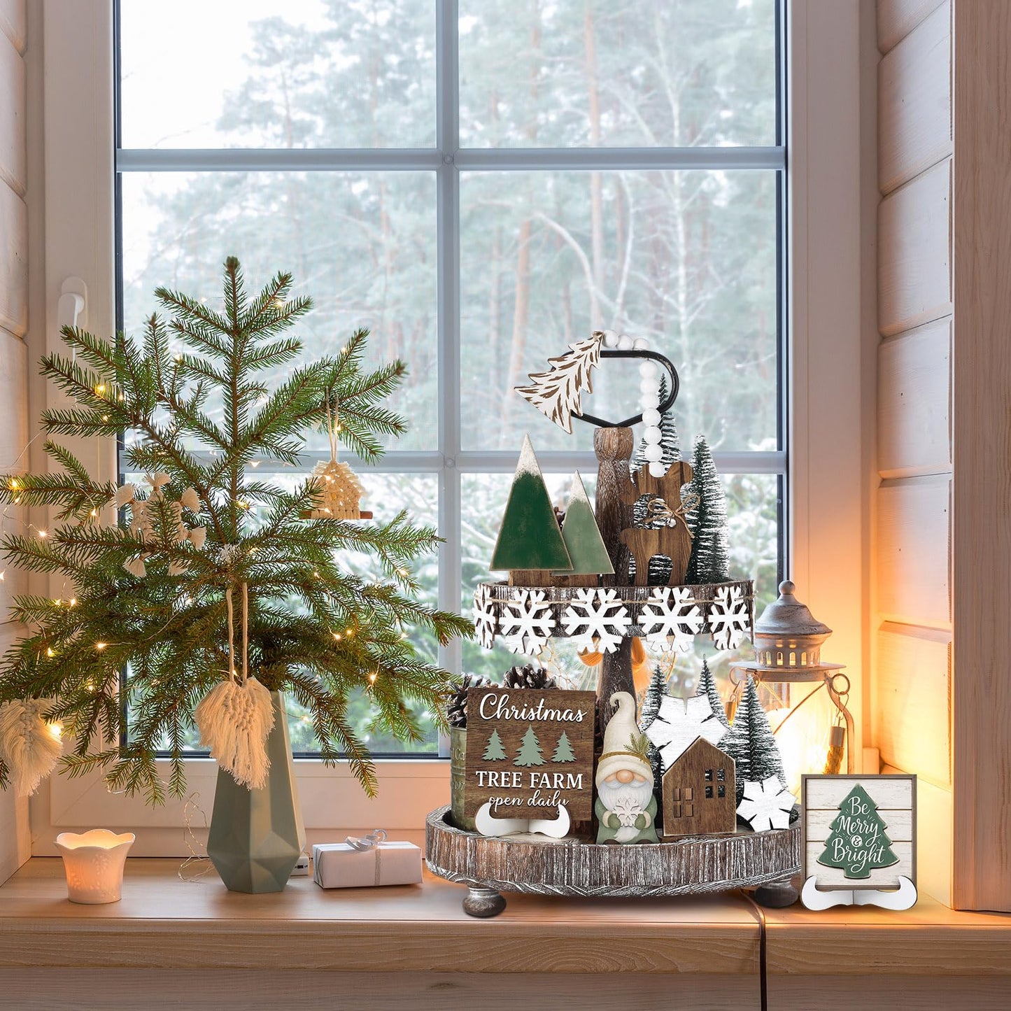 Yalikop 20 Pcs Neutral Sage Green Christmas Tiered Tray Decor Set Farmhouse Rustic Snowflake Xmas Tree Wood Table Centerpiece Decoration Tabletop Sign for Winter Home Kitchen Festival