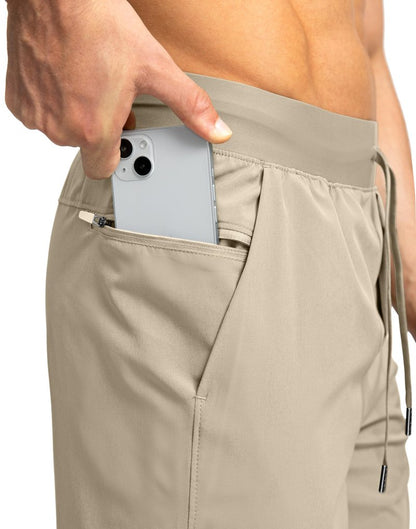 Soothfeel Men's Running Shorts with Zipper Pockets 7 Inch Lightweight Quick Dry Gym Athletic Workout Shorts for Men (Khaki, XXL)
