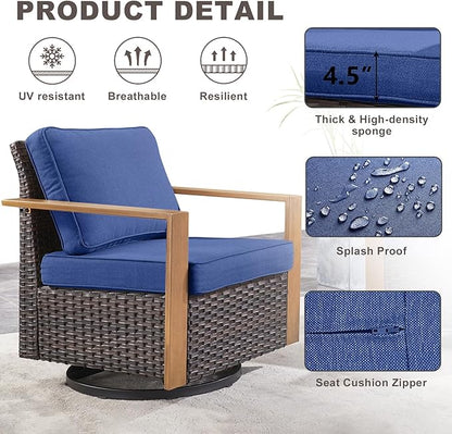Rilyson Outdoor Wicker Patio Furniture Set - 6 Piece Patio Conversation Set with 2 Wicker Swivel Rocker Chairs,2 Rattan Ottoman,1 Side Table and 1 Couch,Thick Cushions,Deep Seating(Brown/Blue)