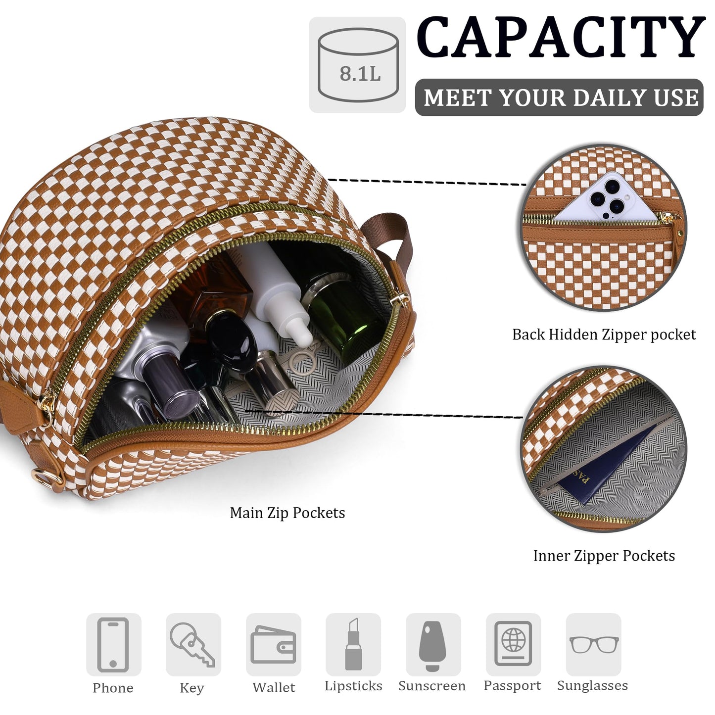 AMZFROG Checkered Woven Crossbody Bum Bags for Women Trendy Casual Chest Bag Sling Bags Genuine Leather Fanny Packs Adjustable Strap Large Shoulder Handags for Outdoor Travel Brown White