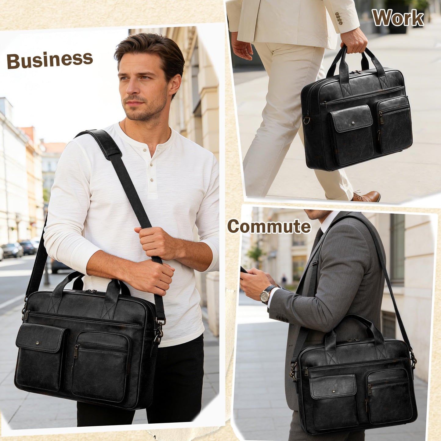 Yuni Sophy Briefcase for Men 15.6 Inch Laptop Messenger Bag Faux Leather Multi-Pocket Business Work Bag Waterproof Office Travel (Black)