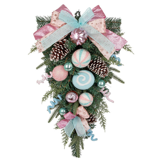 Hollyone Pink Christmas Swag 29" Candy Cane Wreath with Bow Christmas Swags for Decorating Outdoor Indoor Teardrop Swag for Front Door Window Swags with Pine Cone Xmas Ball Ornament Home Hanging Decor