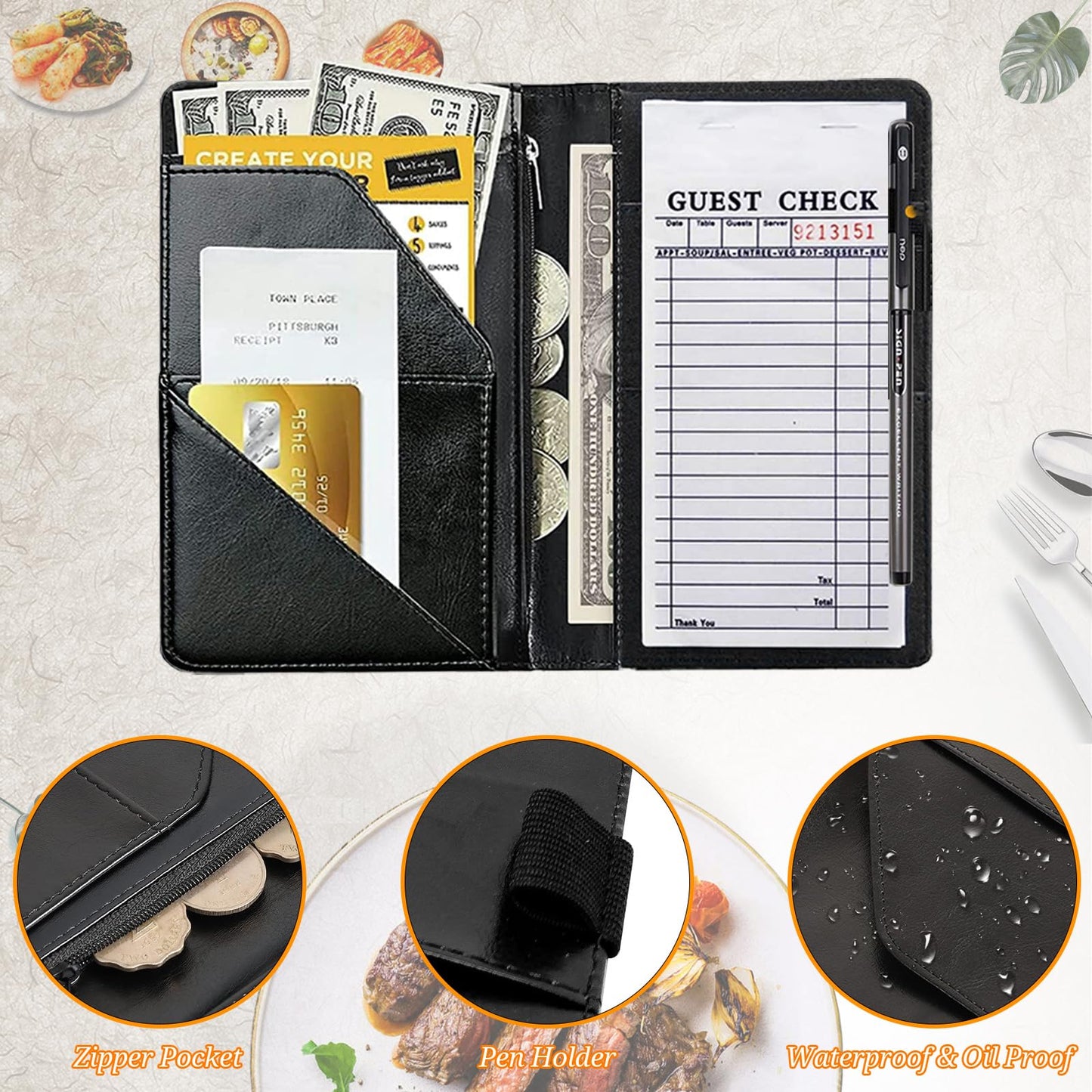 DHYYDSQZ Server Books for Waitress Waiter Book with Zipper Money Pocket Dream Catcher Design PU Leather Cute Waitstaff Organizer Black Waiter Serving Book Wallet with Pen Holder Fit Server Apron