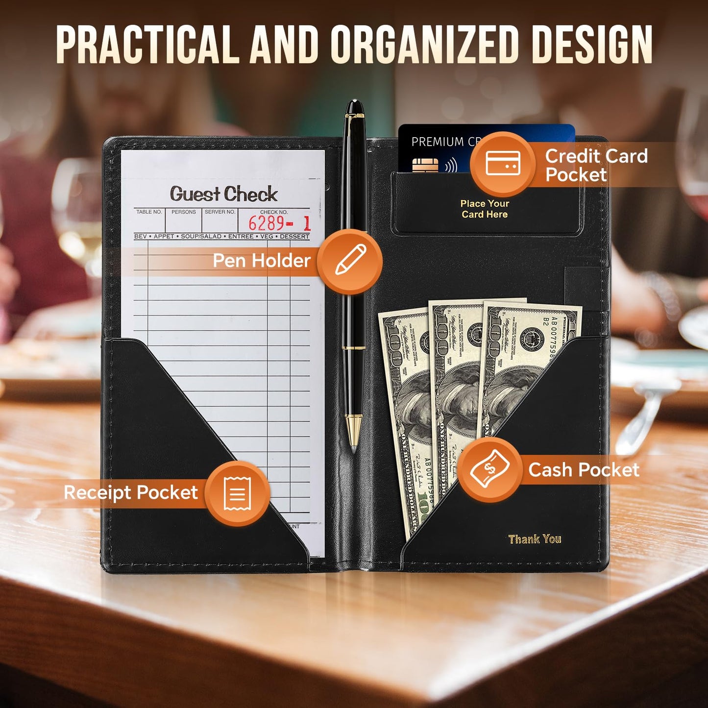 MYFULLY Check Presenters for Restaurants 9" x 5", 8 Pack Guest Check Card Holders Premium Leather Bill Server Books for Waiters and Waitresses, Ideal for Restaurants, Cafes, Bars (8)