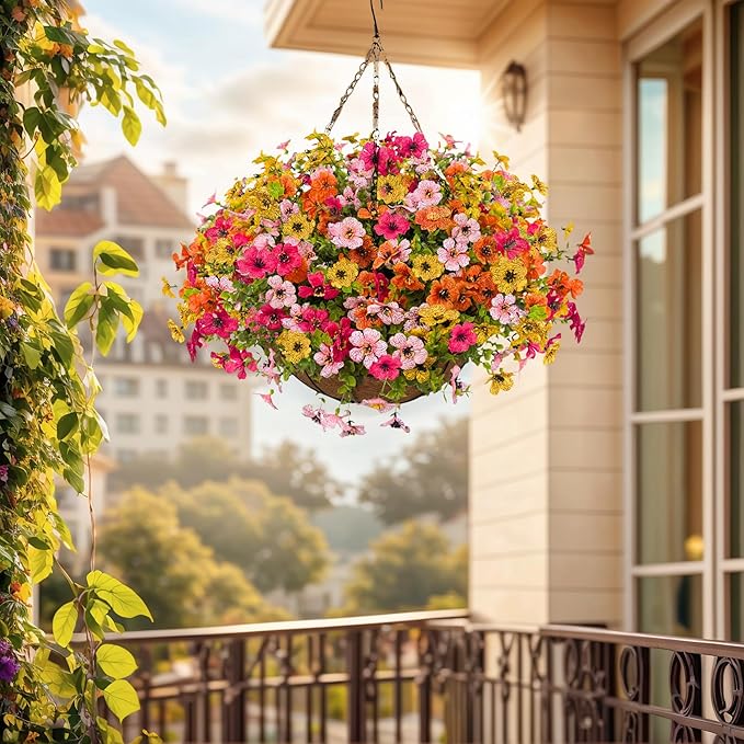 Artificial Fall Flowers with Hanging Baskets Outdoors for Decoration Faux mums for Outdoor planters Fake Mums Artificial Hanging Plants UV Resistant for Autumn Porch Home Patio Decor (Honey Gold)