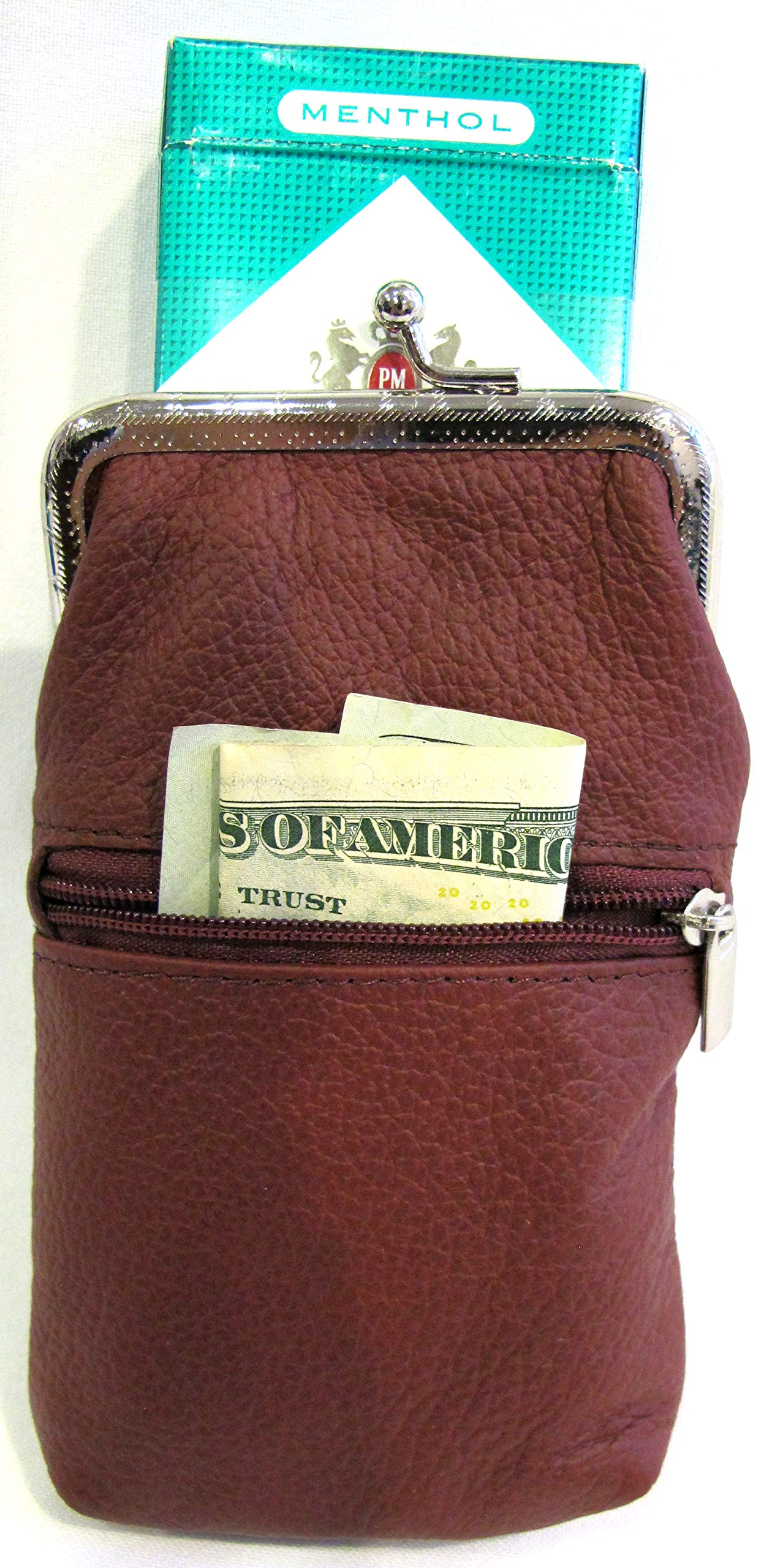 Women 100% Pure Leather Cigarette Case Lighter Match Pocket Zipper Coin Pouch -4 Color (Wine)
