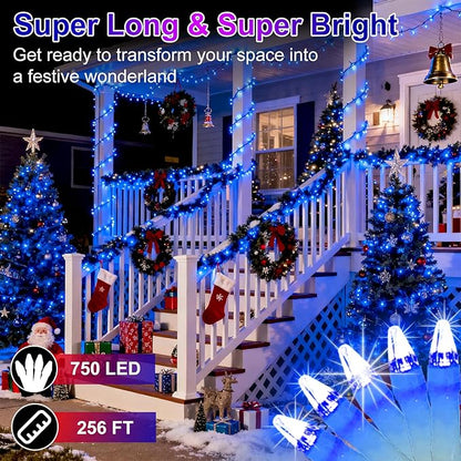 750 LED 256FT Christmas String Lights Outdoor, Christmas Light with 8 Lighting Modes& Timer & Memory, Plug in Outdoor Waterproof Clear Wire Twinkle Light for for Xmas Yard Tree Party Decor Blue