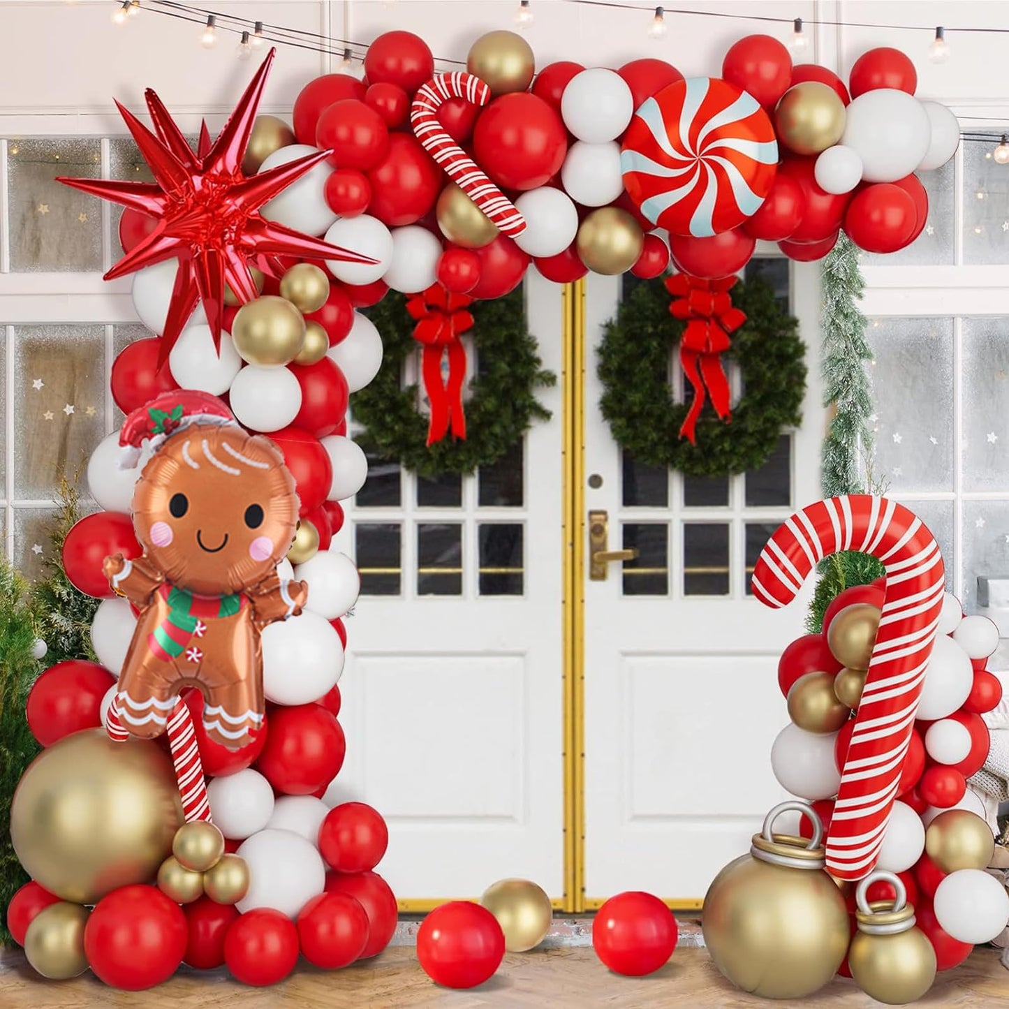 Christmas Balloon Garland Arch Kit Xmas Holiday Balloons with Red White Golden Balloon Candy Foil Balloon Candy Cane Balloon Red Starburst Balloons for Christmas Party Decorations