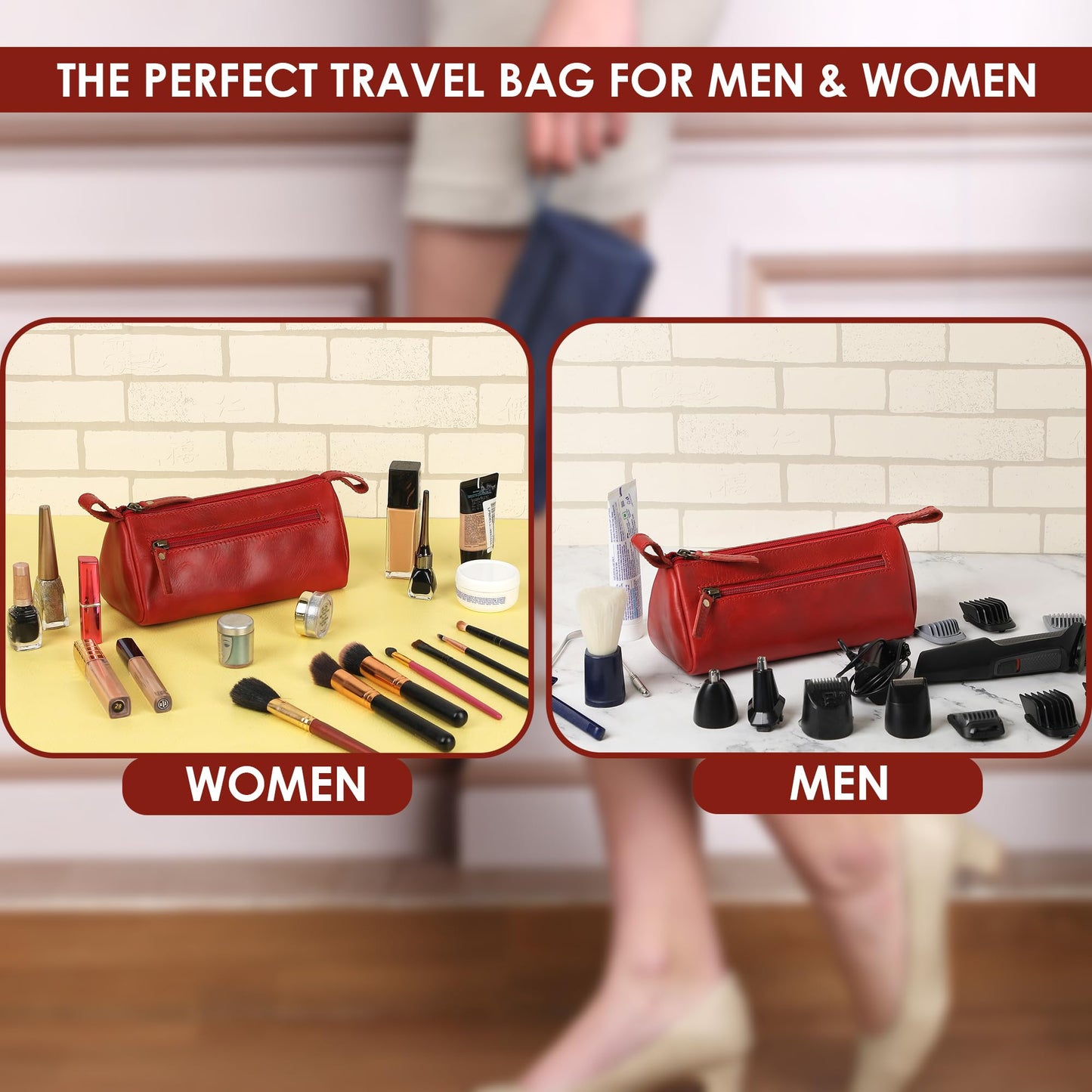 TheAntiq Leather Makeup Bag for Women – Genuine Leather Cosmetic Bag Travel, Handmade Zippered Makeup Pouch, Small Toiletry Bag, Shaving Kit & Stationery Organizer- Red