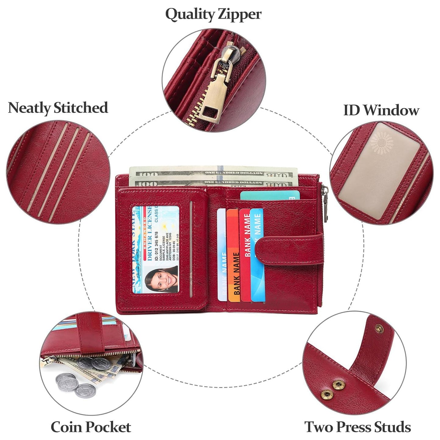 GAEKEAO Womens Wallet Small Vegan Leather RFID Blocking Bifold Zipper Pocket Wallet Card Case Purse with ID Window