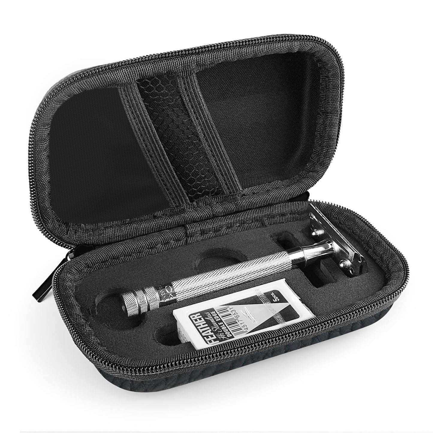 Linkidea Hard Travel Case Compatible with Vikings, Merkur, Shaving Revolution Double Edge Safety Razor, Storage Box Organizer for Safety Razor & Shaving Attachments (Lychee Vegan Leather), Black,