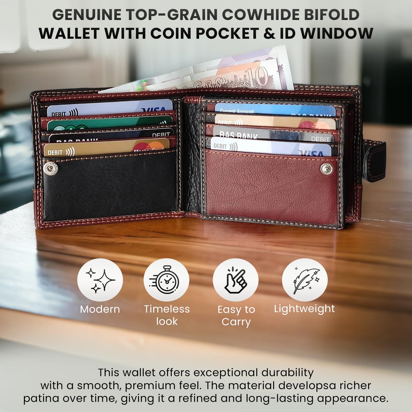 MORUCHA RFID Blocking Genuine Leather Wallet for Men – Slim Bifold Bull Leather Wallet with Coin Pocket, ID Window, 8 Card Slots – Premium Black/Brown Luxury Gift Box (Model #M75)