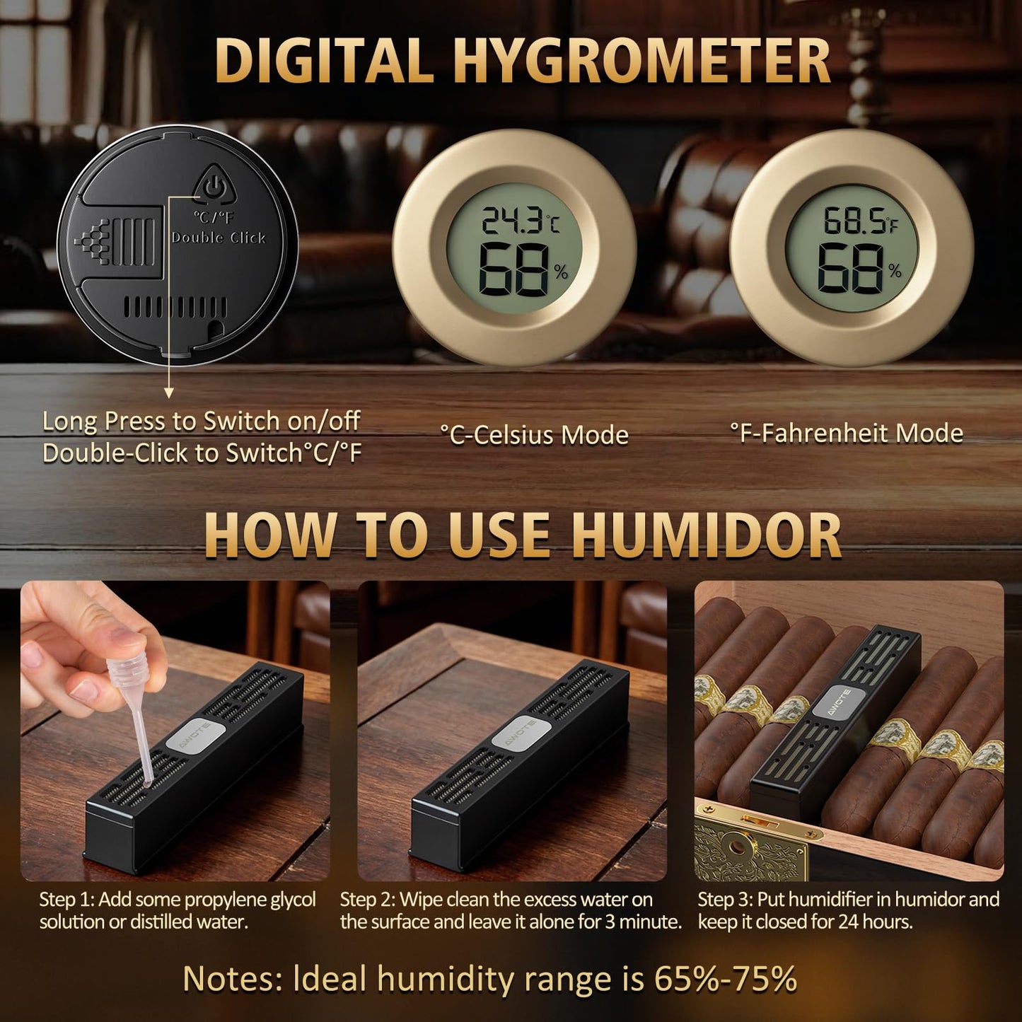 AWOTE Cigar Humidor with Digital Hygrometer and 2 Humidifiers, Cedar Wood Cigar Humidor Box with Drawer, Travel Cigar Case and Cigar Tubes, Desktop Humidor Box Gifts Cigar Accessories (Black)