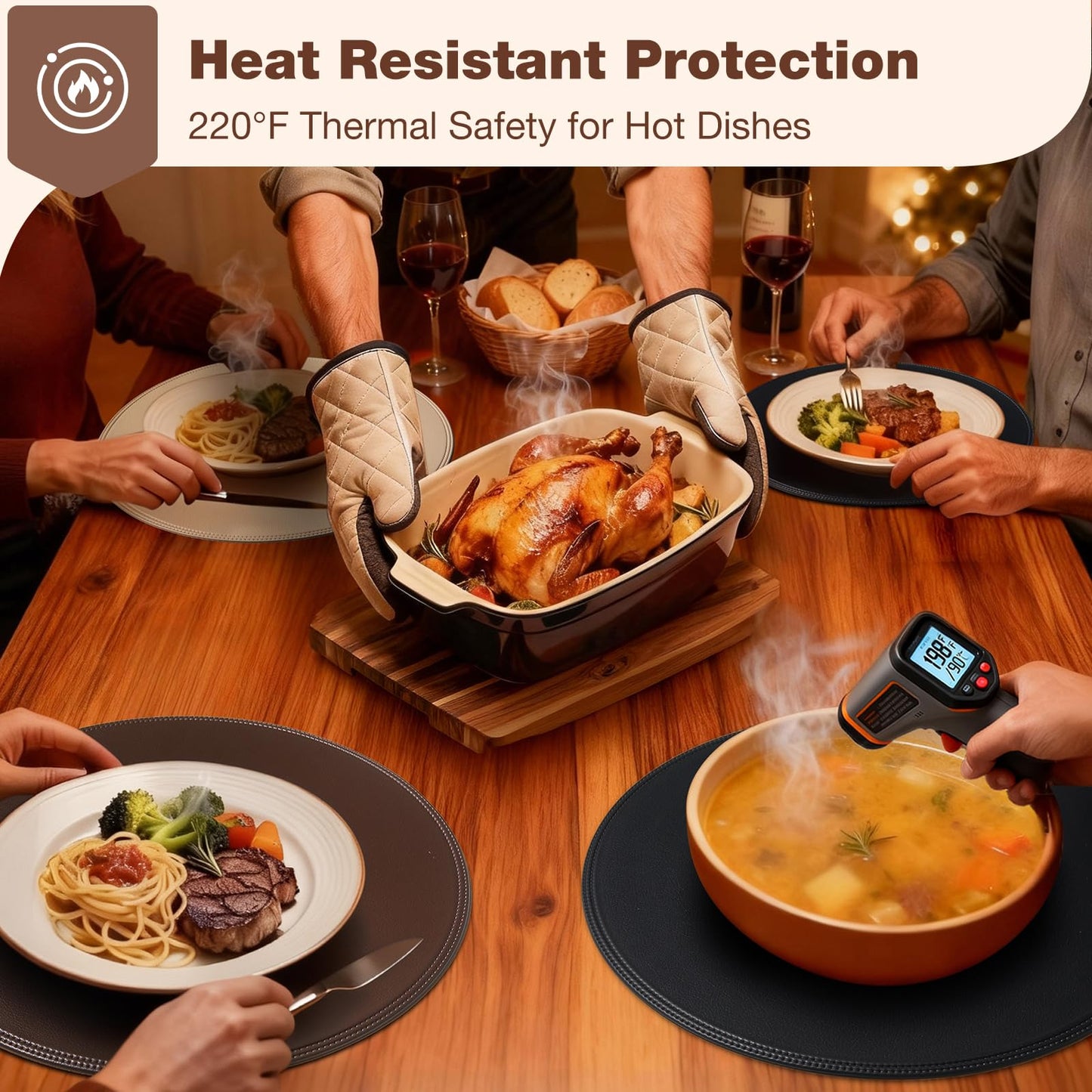 Rinpon Round Vinyl Brown Placemats Set of 6, Faux Leather Waterproof Wipeable Heat Resistant Place Mats, Washable Table Mats for Halloween, Thanksgiving & Christmas Dinner(Dark Brown)