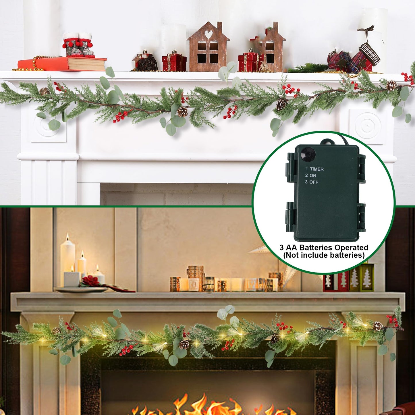 DR.DUDU Christmas Garland Decorations, 6FT Garlands with Lights Timer Indoor Decoration Pre-Lit Green Garland with Pine Cones Red Berry for Mantle Outdoor Fireplace Stairs Holiday Winter Decor