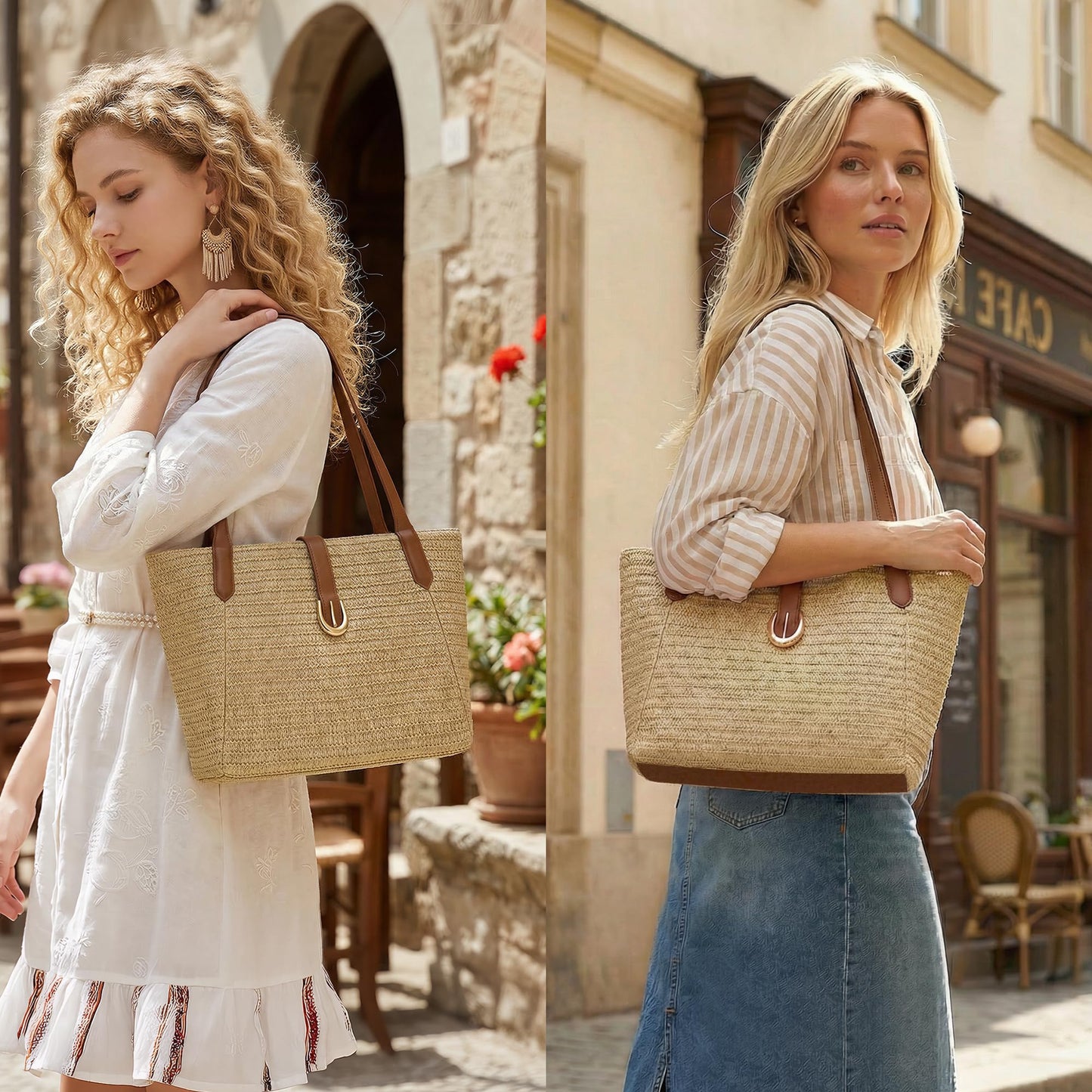 CHUNLI Straw Beach Bag for Women, Woven Raffia Summer Tote with Leather Handles, Boho Vacation Resort Shoulder Tote Bag