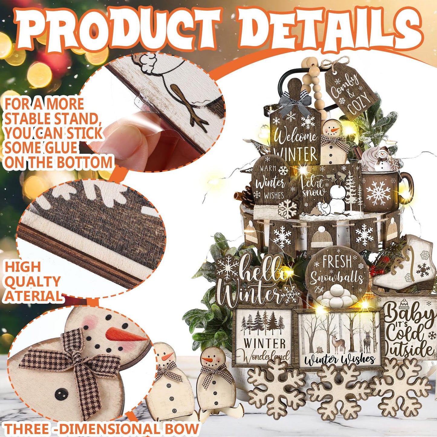 Shellwei 23 Pcs Winter Tiered Tray Decor Set Wood Rustic Hello Winter Snowman Snowflake Decoration Christmas Farmhouse Decor Xmas Signs for Christmas Decorative Trays Table Shelf Home Centerpiece