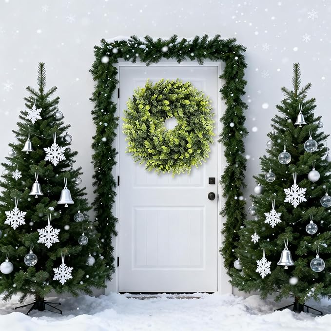 Spring Summer Boxwoods Green Wreath for Front Door Decor, 18-20Inch Greenery Artificial All Seasons Wreaths for Wall Window Porch Home Farmhouse Outdoor Outside Indoor Hanging Decorations