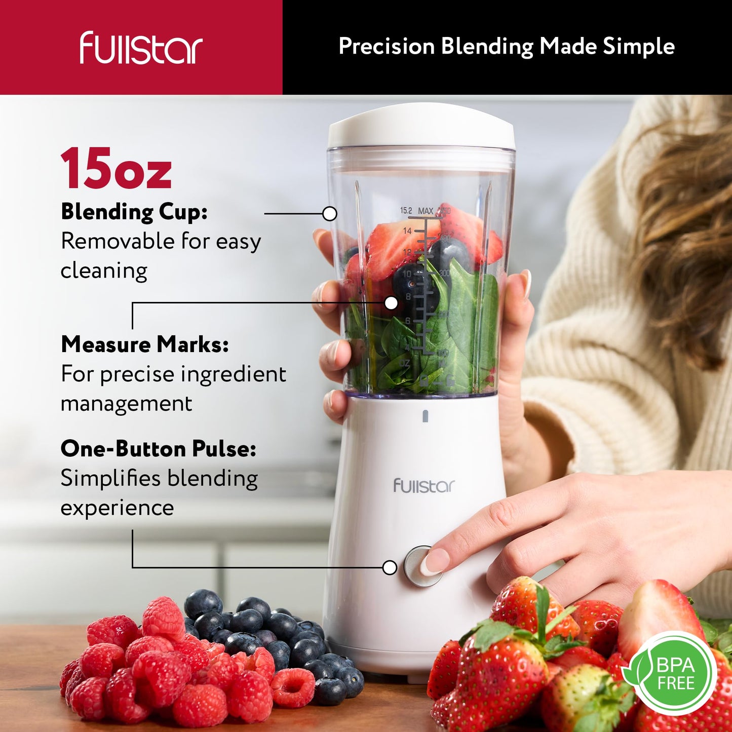 Fullstar Portable Blender for Smoothies and Shakes – 15 oz Mini Personal Travel Blender with Sipper Lid, Compact Smoothie Maker for Office, Home, and Kitchen (White)
