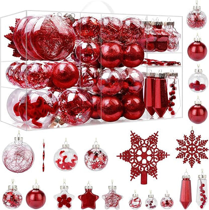 SHareconn 86PCS Christmas Balls Ornaments Set,Shatterproof Plastic Clear Decorative Baubles for Xmas Tree Decor Holiday Wedding Party Decoration, Red
