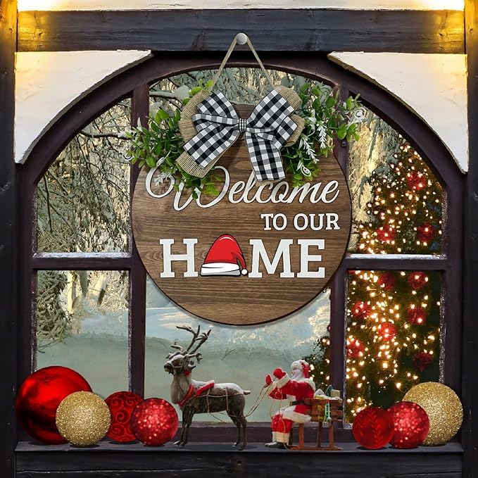 Interchangeable Seasonal Welcome Sign Front Door Decoration, Rustic Round Wood Wreaths Wall Hanging Outdoor Decor for Spring Summer Autumn and Winter All Seasons Holiday Halloween Christmas