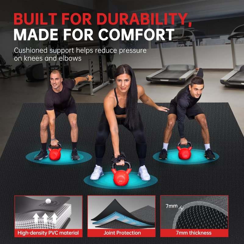 GymCope Large Exercise Mat for Home Workout,12‘x6’/10'x6'/9'x6'/8'x6'/7'x5'/6'x4' (7mm) Extra Thick Workout Mat, High-Density Gym Mat for Cardio, Jump Rope, MMA, Weights (Shoe-Friendly)