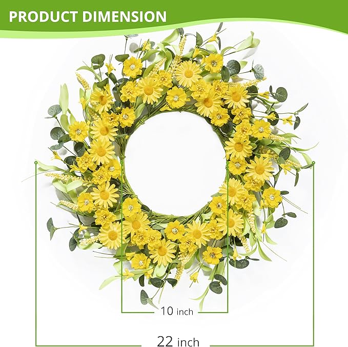 Spring Summer Door Wreath 20 Inch Yellow Daisies/Forsythia Flowers with Eucalyptus Leaves Seasonal Wreath for Front Door, Wall, or Porch Patio Decor
