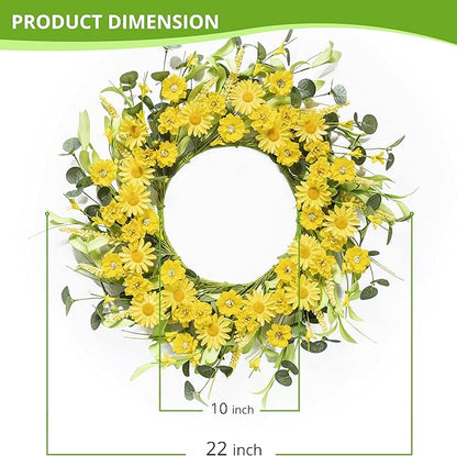 Spring Summer Door Wreath 20 Inch Yellow Daisies/Forsythia Flowers with Eucalyptus Leaves Seasonal Wreath for Front Door, Wall, or Porch Patio Decor