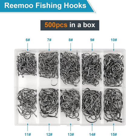 ReeMoo Premium Fishing Hooks - 500PCS Carbon Steel Set | 10 Sizes with Portable Box for Freshwater & Seawater
