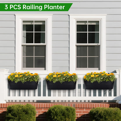 OGIMA Railing Planter Box, 3 Pack 16" Large Hanging Planters for Outdoor Plants with Adjustable Wide Hooks for 2.7'' Railings, Balcony Planters Railing Hanging for Deck, Fence & Patio Decor