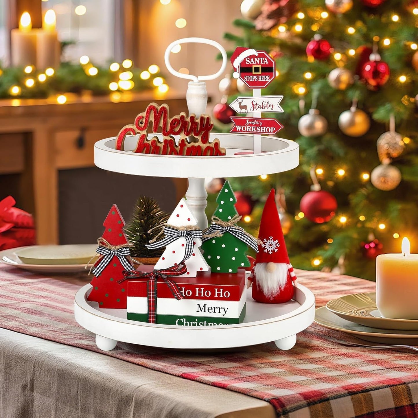Christmas Decorative Book Stack for Farmhouse, Tree Tiered Tray Decor, Winter Stacked Books Set, Merry Christmas Wooden Book Decor for Home Office