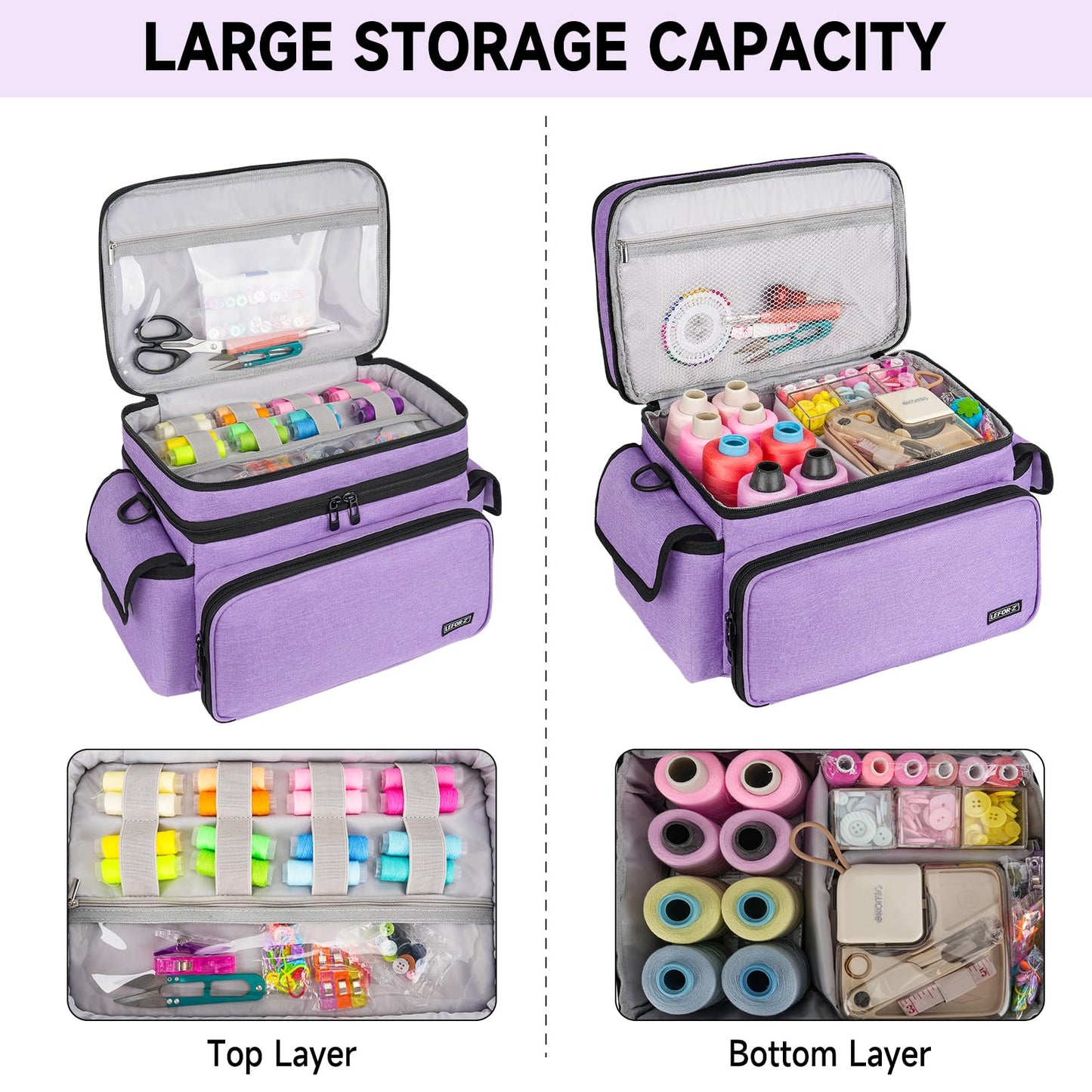 LEFOR·Z Large Sewing Supplies Organizer,Double-Layer Sewing Accessories Storage and Organizer Case Bag,Protable Travel Sewing Box Sewing Basket for Sewing Tools,Purple(Bag Only)