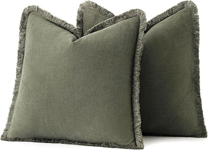 MIULEE Decorative Throw Pillow Covers Neutral Linen Fringe Throw Pillows Set of 2 Olive Green Boho Farmhouse Cushion Covers with Tassels for Couch Sofa Bed Living Room Spring Home Decor 16x16 Inch