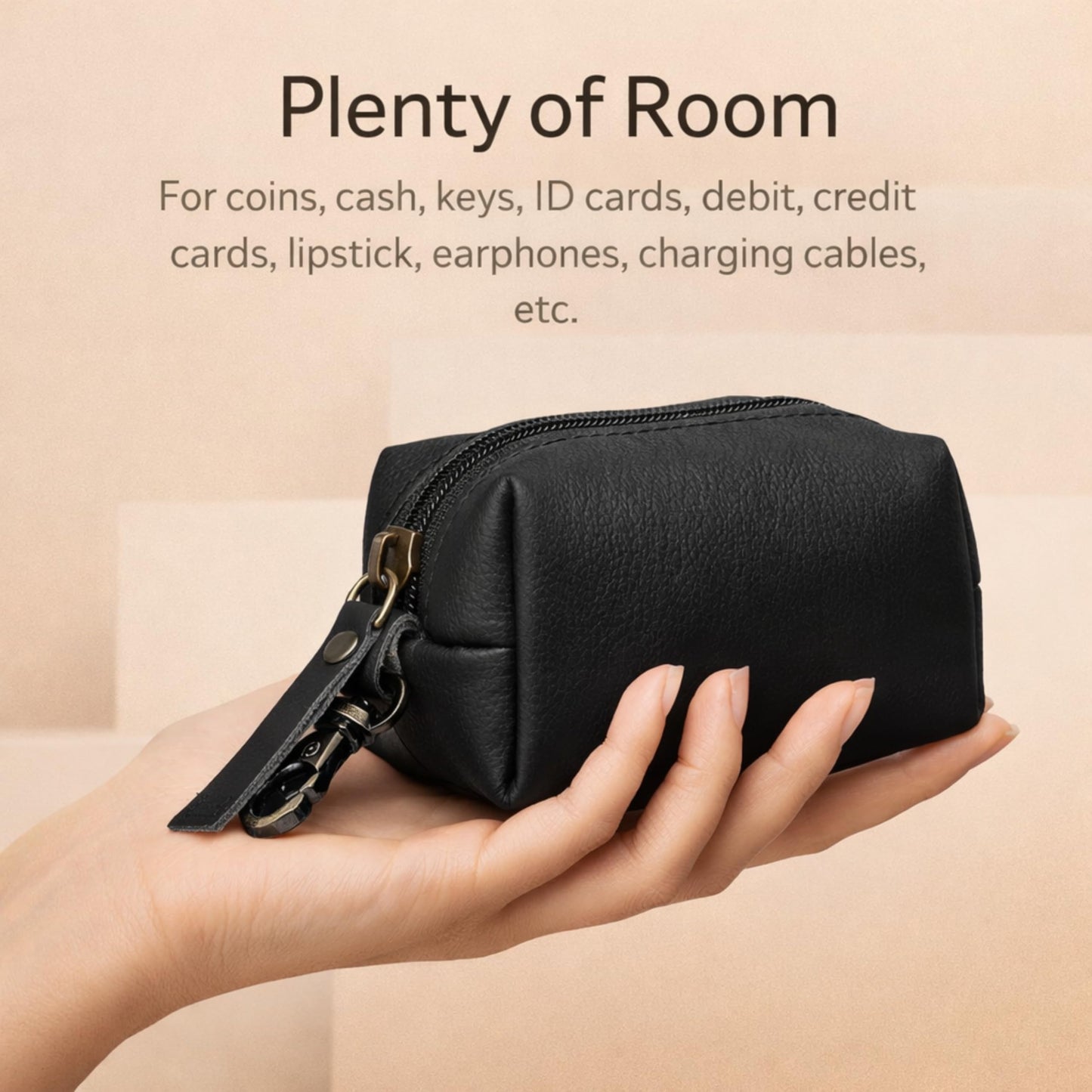 Leather Zipper Coin Pouch with Key Clip, Compact Change Holder Wallet for Men & Women, Small Leather Coin Purse for Cash, Keys, Earbuds, Everyday Carry Accessory (1, Black)