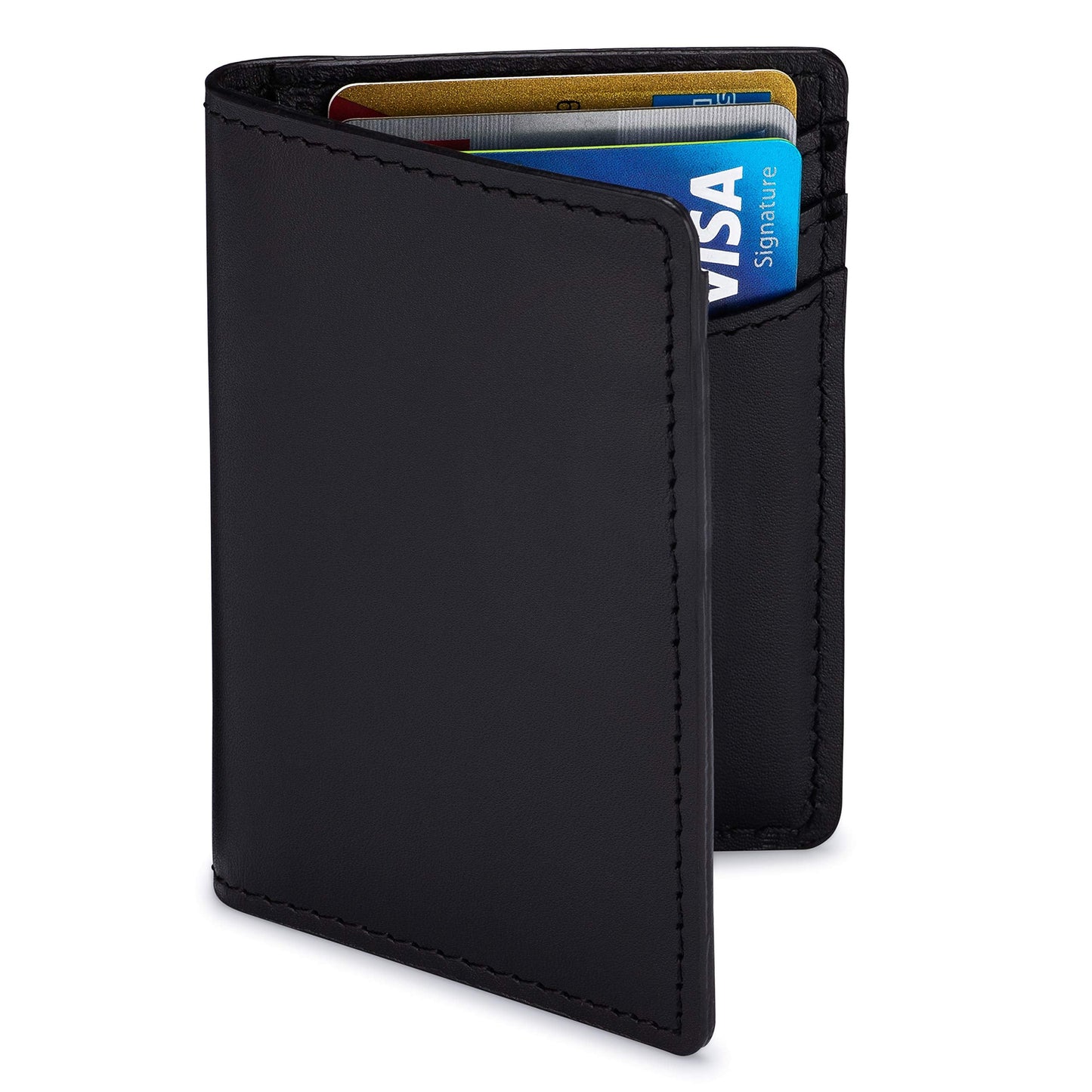 NKPT Slim Leather Credit Card Holder Wallet for Men | Full-Grain Leather, RFID Blocking, 6 Card Slots | Black