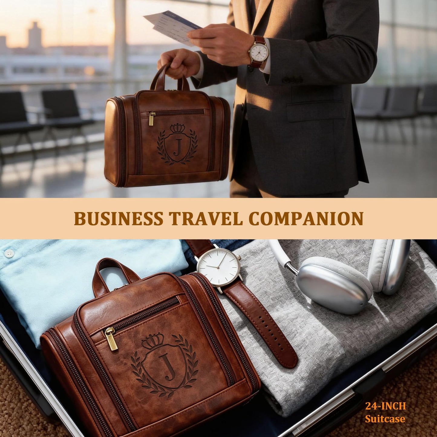 Aganmi Personalized Fathers Day Birthday Gifts for Husband Dad Grandpa Papa from Daughter Son, Unique Mens Large Leather Travel Toiletry Bag Hanging Shaving Dopp Kit Bathroom Shower Cognac Letter J