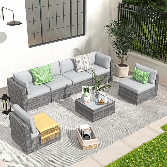 Patiorama 7 Pieces Outdoor Patio Furniture Set, All Weather Grey PE Wicker Rattan Sectional Conversation Set, Porch Garden W/Built-in Glass Table, Seat Clips, Light Grey Cushions