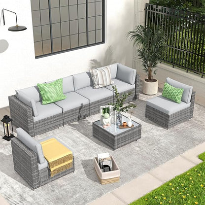 Patiorama 7 Pieces Outdoor Patio Furniture Set, All Weather Grey PE Wicker Rattan Sectional Conversation Set, Porch Garden W/Built-in Glass Table, Seat Clips, Light Grey Cushions