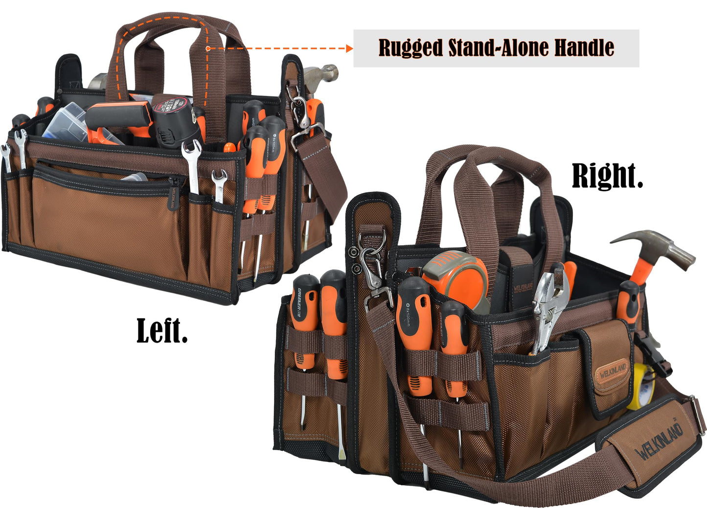 WELKINLAND 20-Pockets Tool Tote Bag, 16" Electrician Tool Bag, Open-Top Tool Bag, Stay-Up HVAC Tools Bag, Brown Tech Tools Bags, HVAC Bag, Tool Tote Bag With Handle