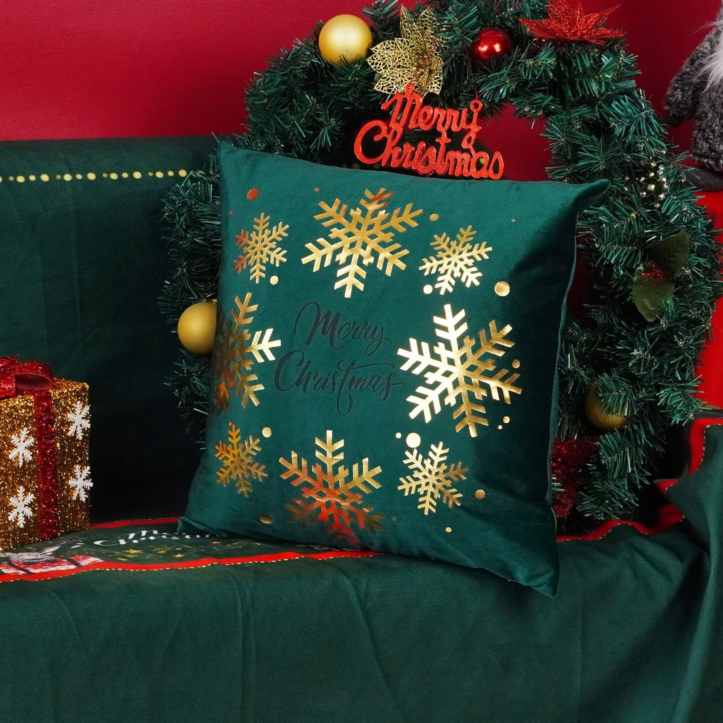 ONWAY Green Christmas Decorations Gold Throw Pillow Covers 20x20 Set of 4 Snowflakes Reindeer Decorative Cushion Cases Xmas Golden Decor for Couch Sofa Bedroom