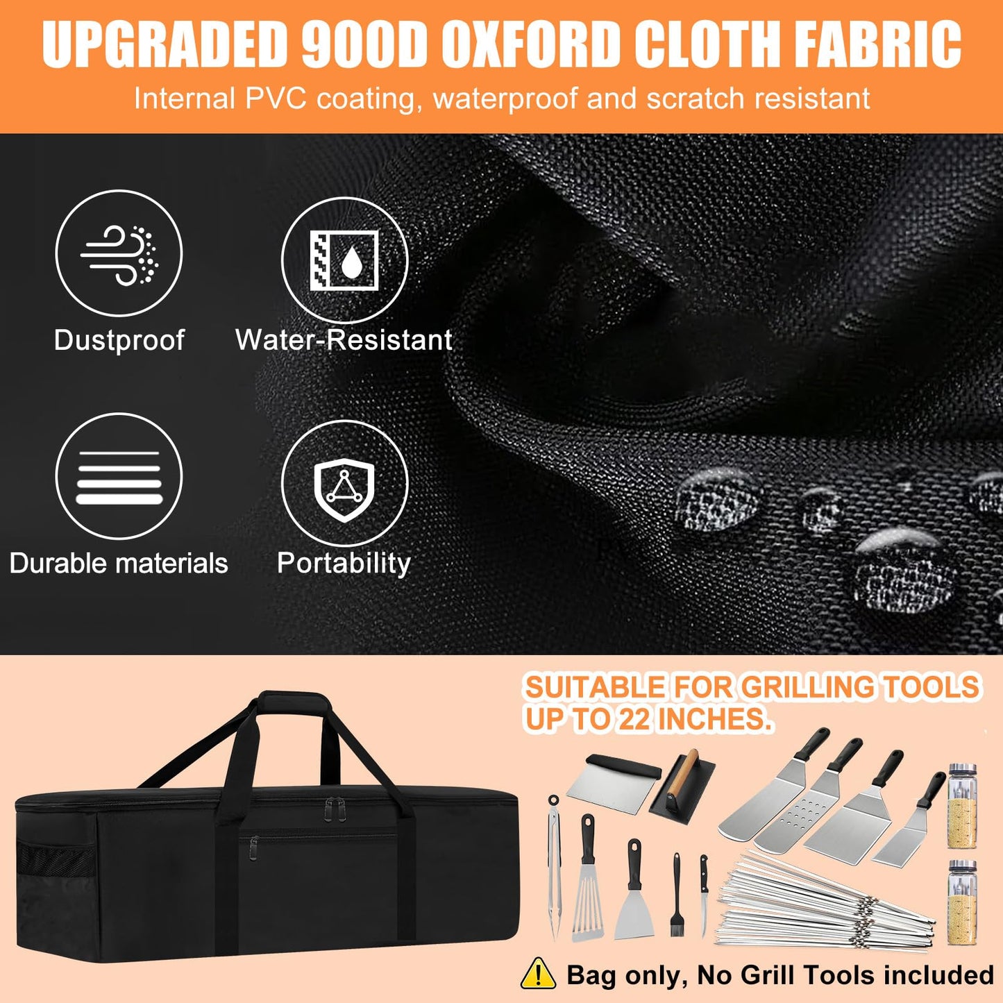 CSOKRE Grill Tool Storage Bag, Outdoor BBQ Utensil Storage with Pockets for BBQ Tools up to 22", Large Grilling Utensil Holder Storage Caddy, Barbecue Tool Sets Case for Camping Picnic,Bag Only,Black