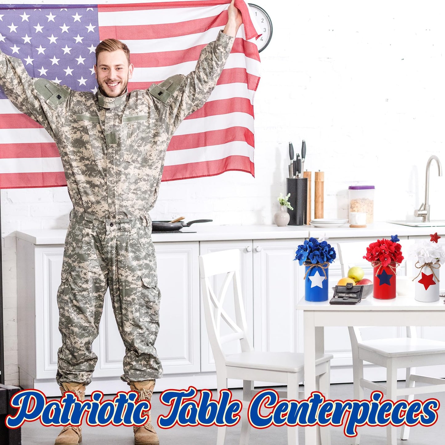 SiliFine 6 Sets 4th of July Decoration Patriotic Centerpiece for Table Include 6 Silk Artificial Hydrangeas Flower 6 Red Blue White Star Glitter Berry Pick 6 Metal Vase for 250th Anniversary Party