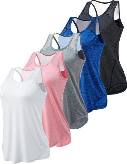 5 Pack Women's Workout Tops, Athletic Racerback Tank Tops for Women, Mesh Sleeveless Shirts Yoga for Gym Running (Set 1, X-Large)