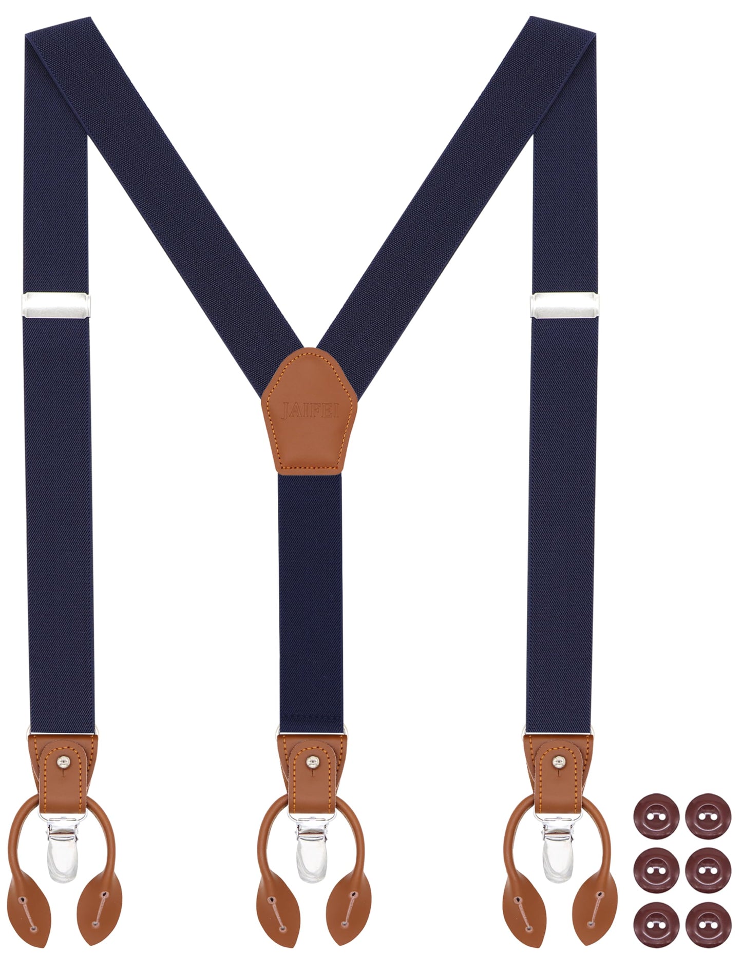 JAIFEI Button Suspenders for Men, 2-in-1 Clip-On & Button-On Dress Suspenders with Genuine Leather Ends, Y-Back, 1.4" Wide (Navy)